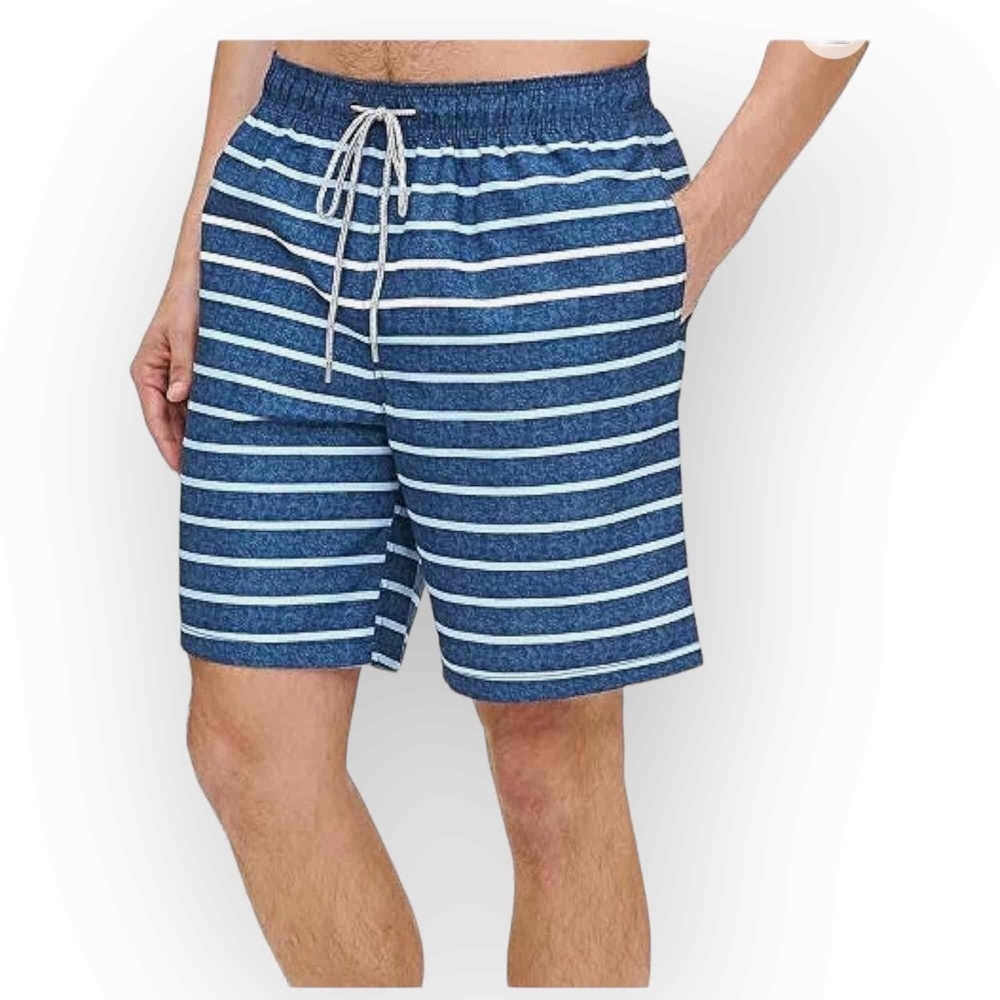 NWT Kirkland Signature Men's Blue Striped Elastic Waist Swim Trunks Size M